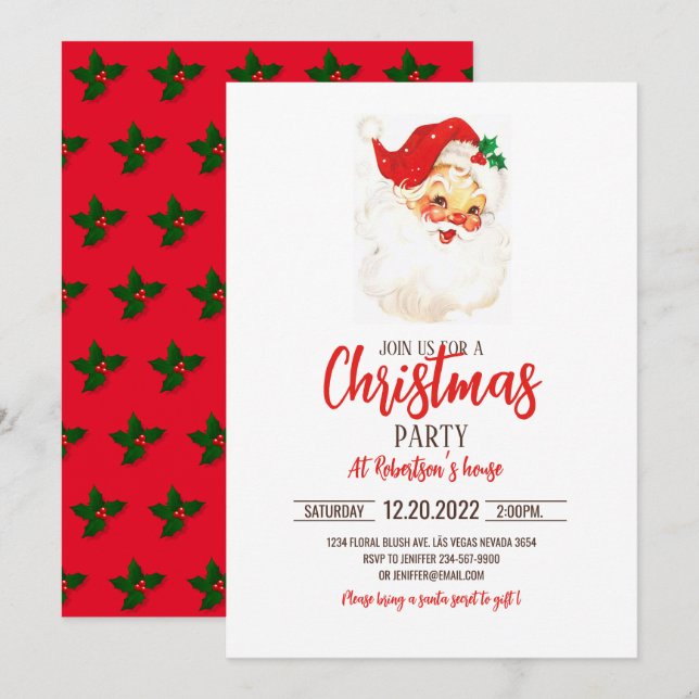 Invitation Illustration du Père Noël vintage (Devant / Derrière)