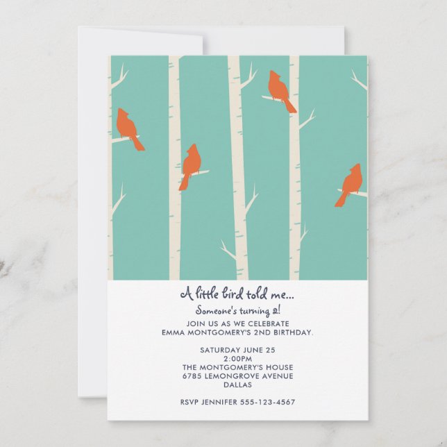 Invitation Illustration d'un oiseau orange sur un arbre à ois (Devant)