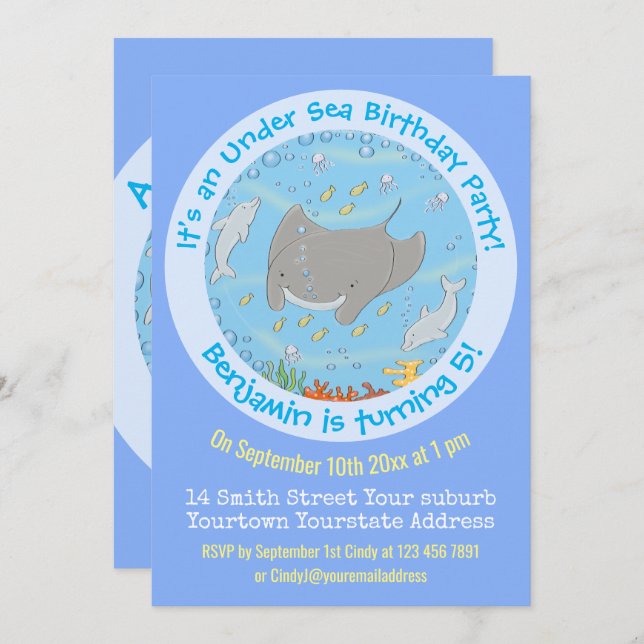 Invitation Illustration d'une mignonne raie manta et de dauph (Devant / Derrière)
