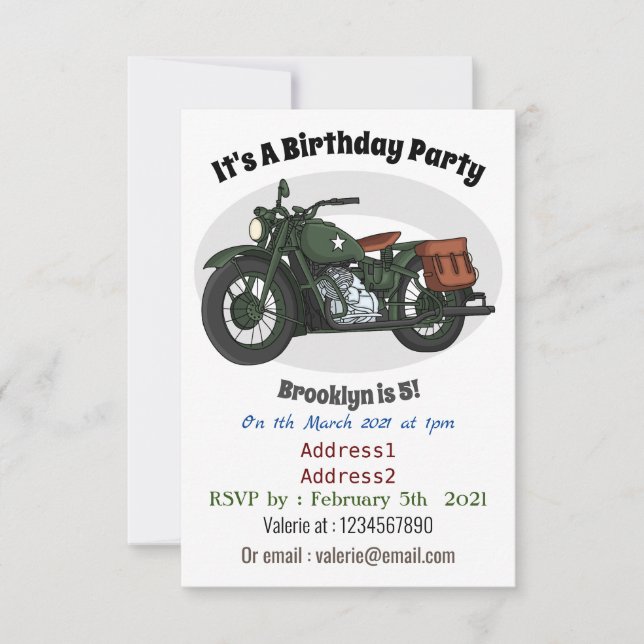 Invitation Illustration d'une moto de croiseur militaire (Devant)
