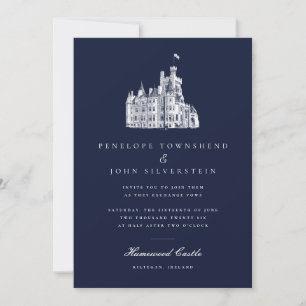 Invitation Illustration élégante de château vintage bleu mari
