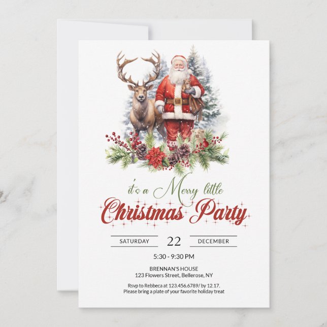 Invitation Illustration excitée Père Noël avec rennes (Devant)