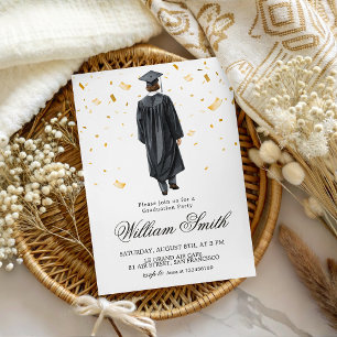 Invitation Illustration Garçon Diplômé Confettis D