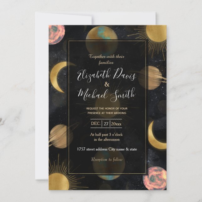 Invitation Illustration Gold Sun Moon Planètes Space (Devant)