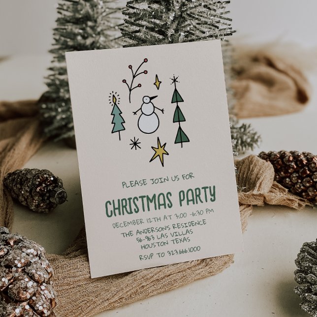 Invitation Illustration Green Christmas Trees Snowman Party (Créateur téléchargé)