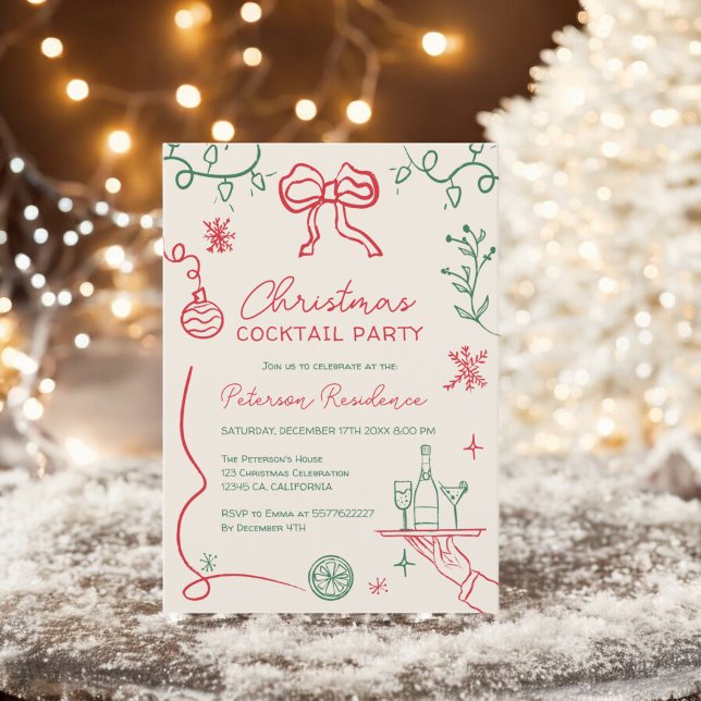 Invitation Illustration rouge ironique Noël Cocktail (Quirky red green illustration Christmas Cocktail Invitation)