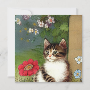 Invitation Illustration vintage de chat avec fleurs de printe