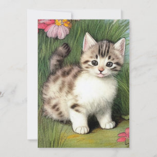 Invitation Illustration vintage de chat avec Fleurs rouges