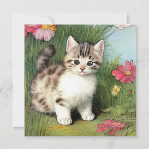 Invitation Illustration vintage de chat avec Fleurs rouges