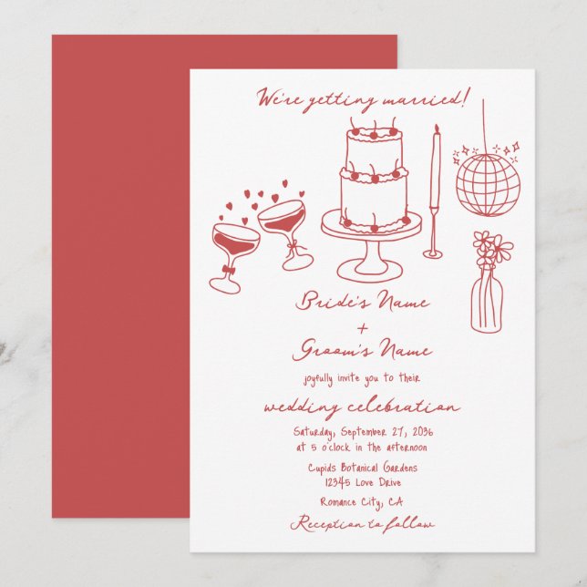 Invitation Illustrations faites à la main Doodles Maroon Mari (Devant / Derrière)