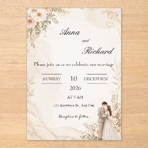Invitation Illustrée Couple & Fleurs Roses Clair