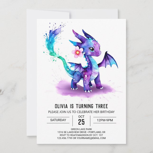 Invitation Imaginaire aquarelle Dragon Digital Girl Anniversa (Devant)
