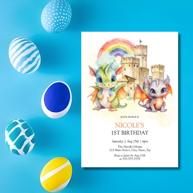 Invitation Imaginaire Cute Dragon Castle Rainbow Anniversaire (Créateur téléchargé)