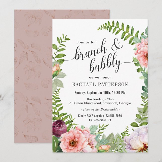 Invitation Imaginaire  Floral Brunch et Bubbly Fête des marié (Devant / Derrière)
