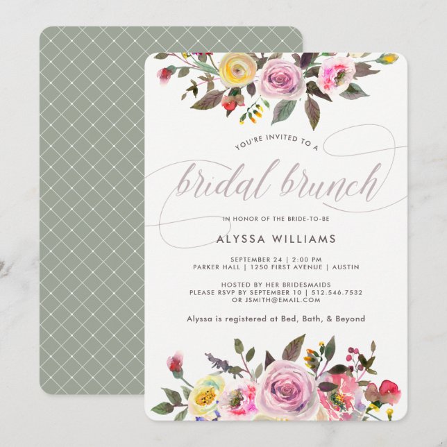 Invitation Imaginaire floral| Brunch nuptial des aquarelles m (Devant / Derrière)