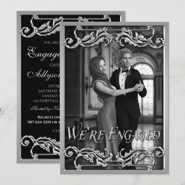 Invitation Imaginaire Mariage Shiny Silver Classic Fiançaille (Devant / Derrière)