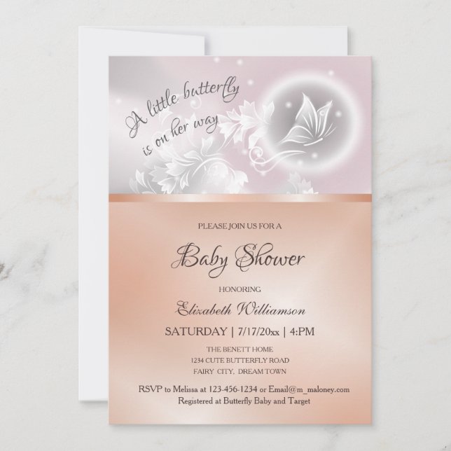 Invitation Imaginaire papillon | Baby shower Rose Gold Foil (Devant)