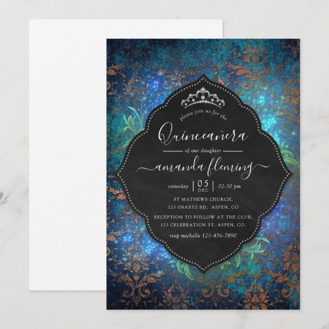 Invitation Imaginaire pétillant Vintage Damask Quinceañera (Devant / Derrière)