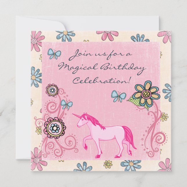 Invitation Imaginaire rose licorne et fleurs Anniversaire Inv (Devant)