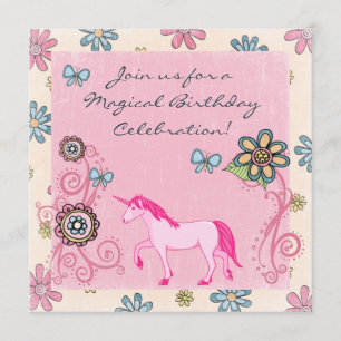 Invitation Imaginaire rose licorne et fleurs Anniversaire Inv