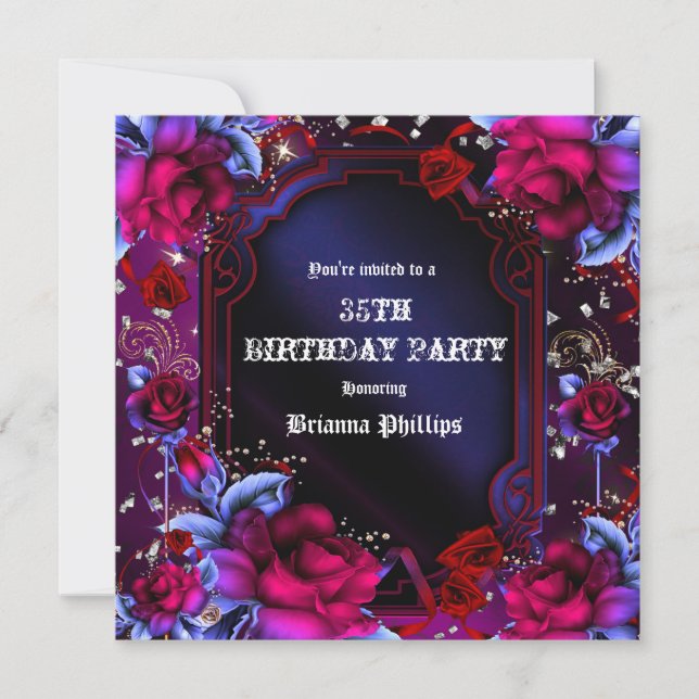 Invitation Imaginaire rouge violet Floral Roses Bling Invitat (Devant)
