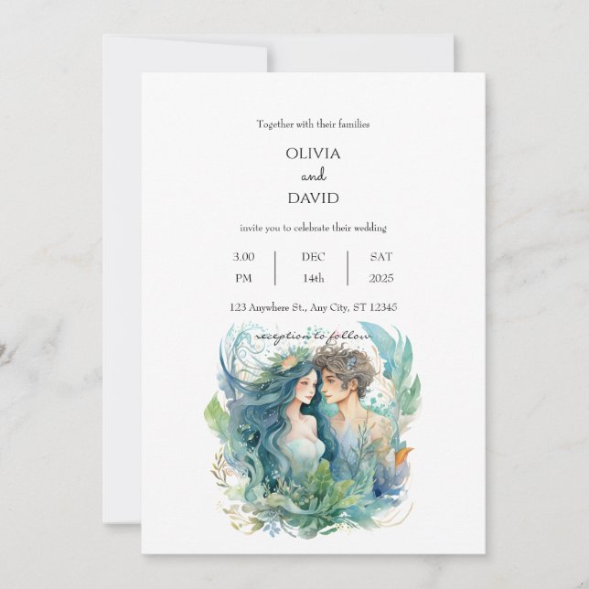 Invitation Imaginaire sous-marin Mermaid Couple Beach Mariage (Devant)