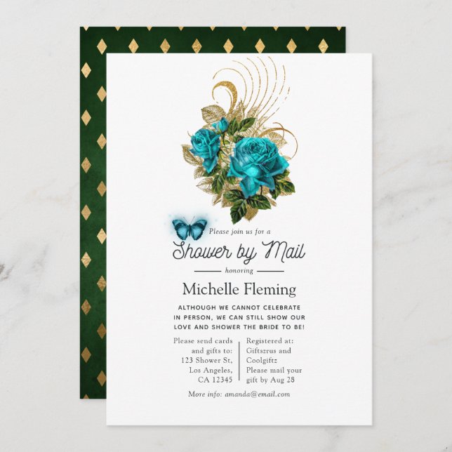 Invitation Imaginaire Turquoise - Douche Turquoise et or par  (Devant / Derrière)