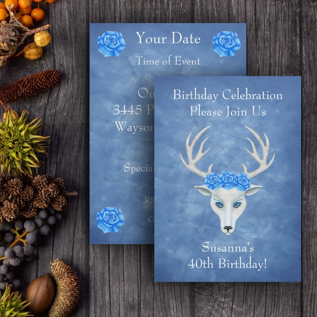 Invitation Imaginaire White Deer Head Antlers Blue Rose Anniv (Mystical white deer head with antlers wearing blue roses on misty blue birthday party invitations.)
