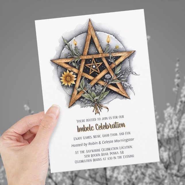 Invitation Imboly Floral Snowy Pentacle Wiccan Holiday (Imbolc Floral Snowy Pentacle Wiccan Holiday Invitation)