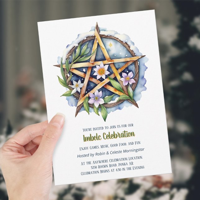 Invitation Imboly Floral Snowy Pentacle Wiccan Holiday (Imbolc Floral Snowy Pentacle Wiccan Holiday Invitation)