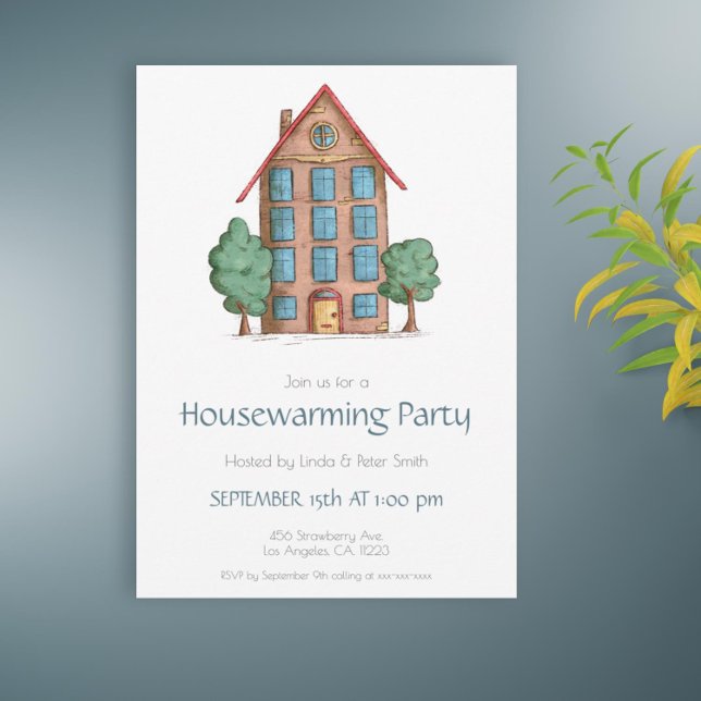Invitation Immeuble & Arbres Nouveau Accueil (Cute housewarming party invitation with an illustration of a building and some trees)
