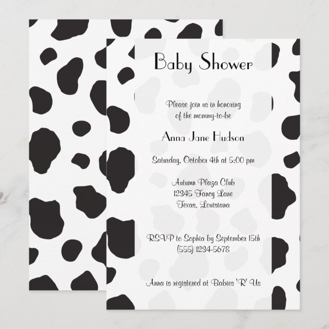 Invitation Impression De Vache, Spots De Vache, Noir Et Blanc (Devant / Derrière)