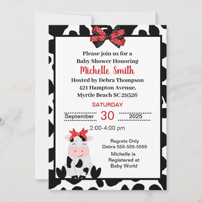 Invitation Impression de vaches et Baby shower de vaches mign (Devant)