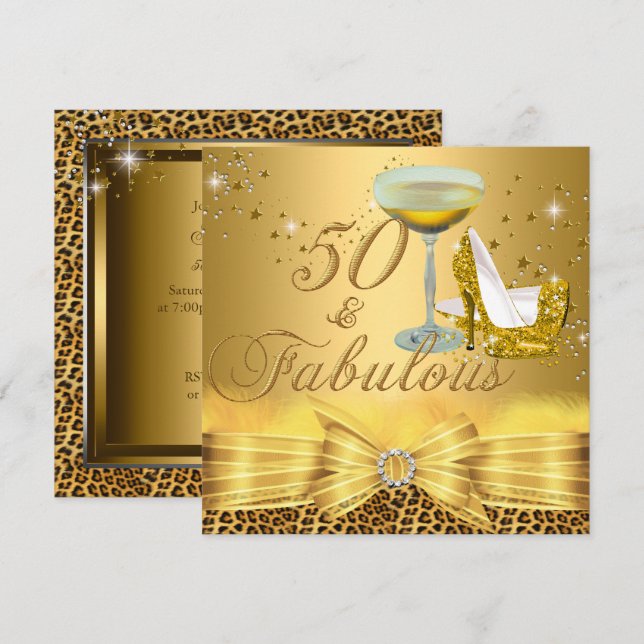 Invitation Impression léopard et talons 50 Fabuleux Or (Devant / Derrière)
