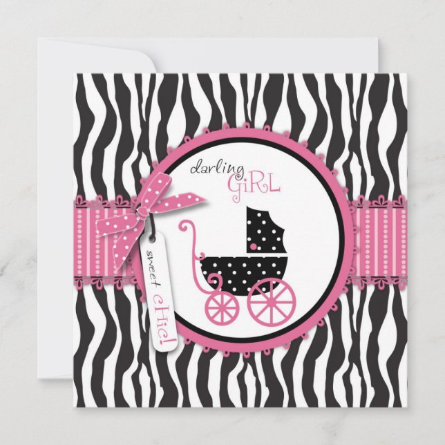 Invitation Impression Zèbre & Chariot de Bébé Baby Shower (Devant)