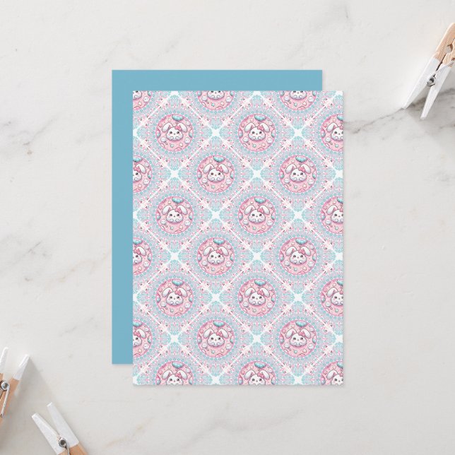 Invitation Imprimable Cute Pastel Kawaii Bunny Carrelage diam (Devant/Arrière en situation)