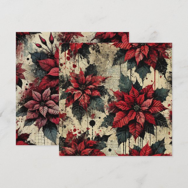 Invitation Imprimable Grungy Poinsettia Newsprint (Devant / Derrière)