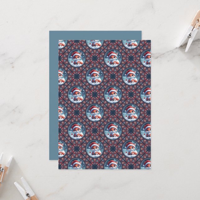 Invitation Imprimable Kawaii Christmas Fox Diamond Tile (Devant/Arrière en situation)