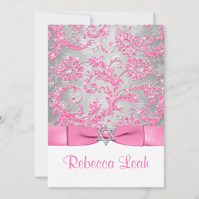 Invitation IMPRIMÉ Bow - Hiver Wonderland Bat mitzvah - rose (Devant)