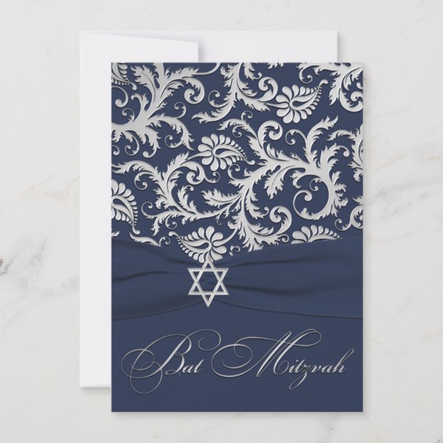 Invitation IMPRIMÉ RIBBON Navy, Bat mitzvah de Damas d'argent (Devant)