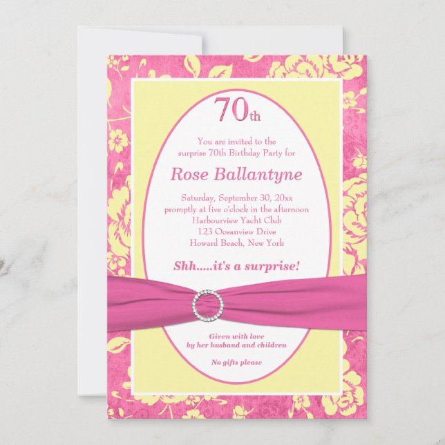 Invitation IMPRIMÉ RIBBON rose Jaune 70e anniversaire Invitat (Devant)