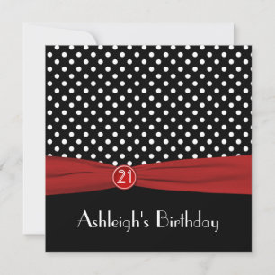 Invitation IMPRIMÉ RIBBON Rouge Noir Pois 21e anniversaire