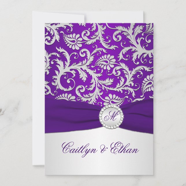 Invitation IMPRIMÉ RIBBON Royal Purple et Argent Damask (Devant)