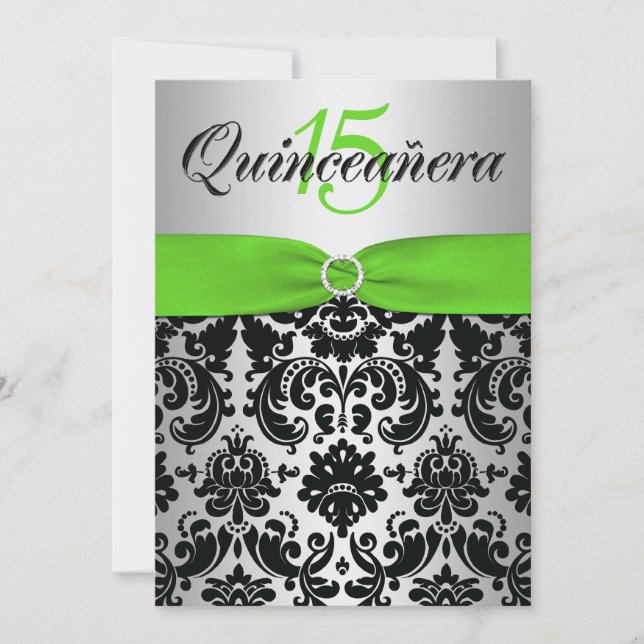 Invitation IMPRIMÉE RIBBON vert argent Quinceanera noir (Devant)