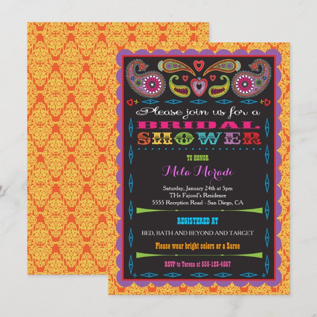 Invitation Inde Bollywood inspiré nuptiale ou douche Dholki (Devant / Derrière)
