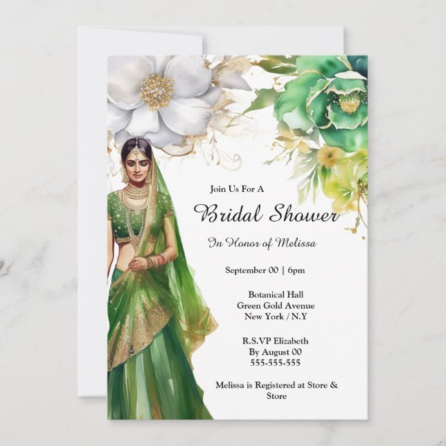 Invitation Inde mariée fleurs d'or vert botanique (Devant)