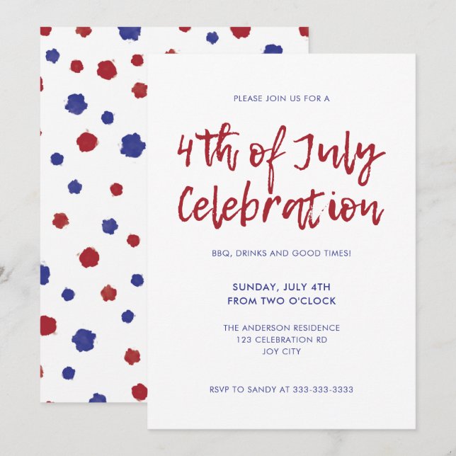 Invitation Indépendance moderne des points rouges bleus 4 jui (Devant / Derrière)