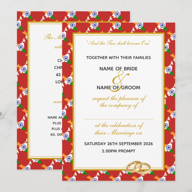Invitation INDIA Christian Celebration Mariage RED (Devant / Derrière)