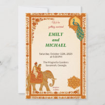 Indian Elephant & Peacock Floral Wedding Invitatio