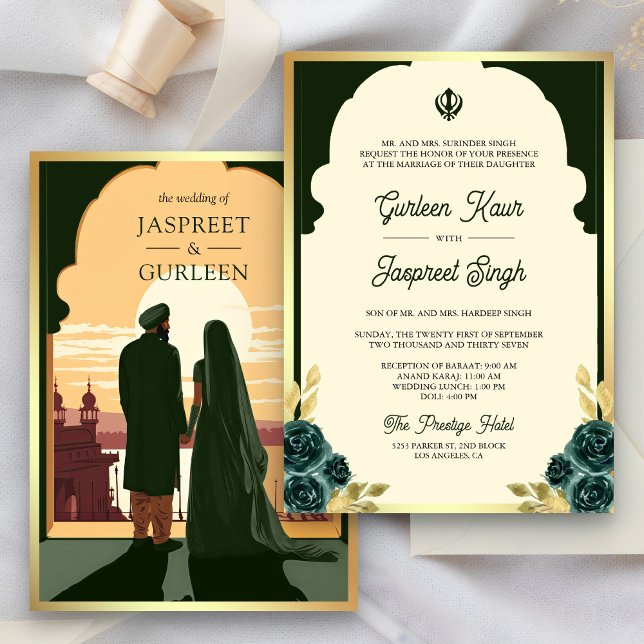 Invitation Indien Ethnic Dark Green Anand Karaj Sikh Mariage (Créateur téléchargé)